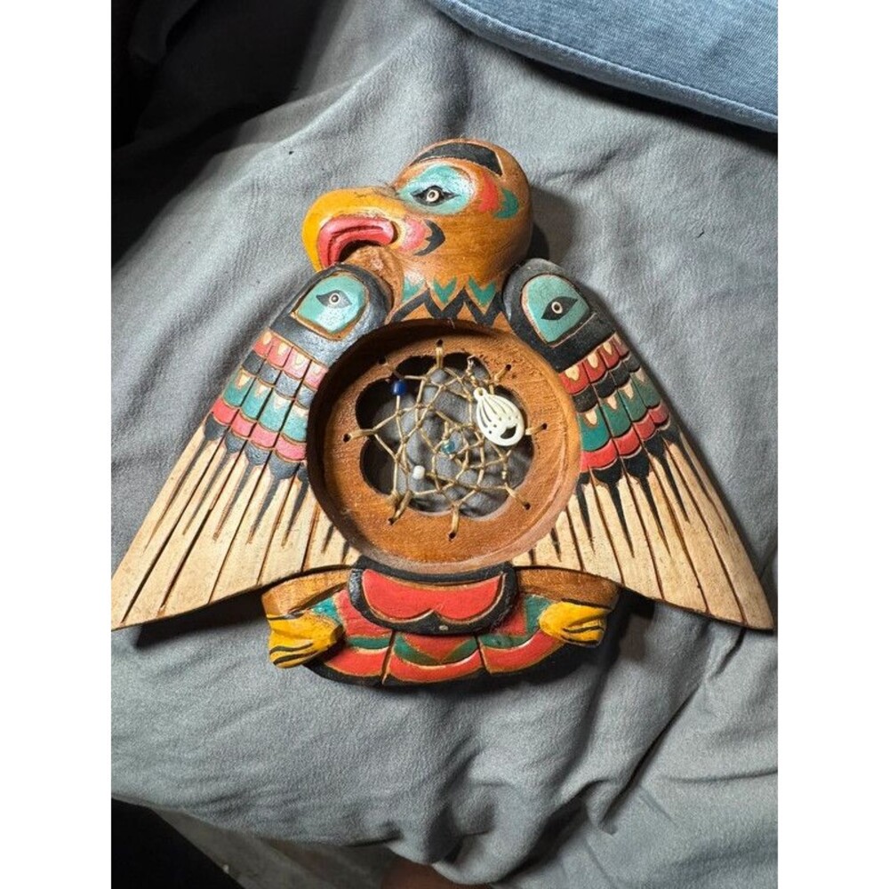 Alaska Tribal Raven Dream Catcher Hand Carved Painted Wood Wall Art 9”